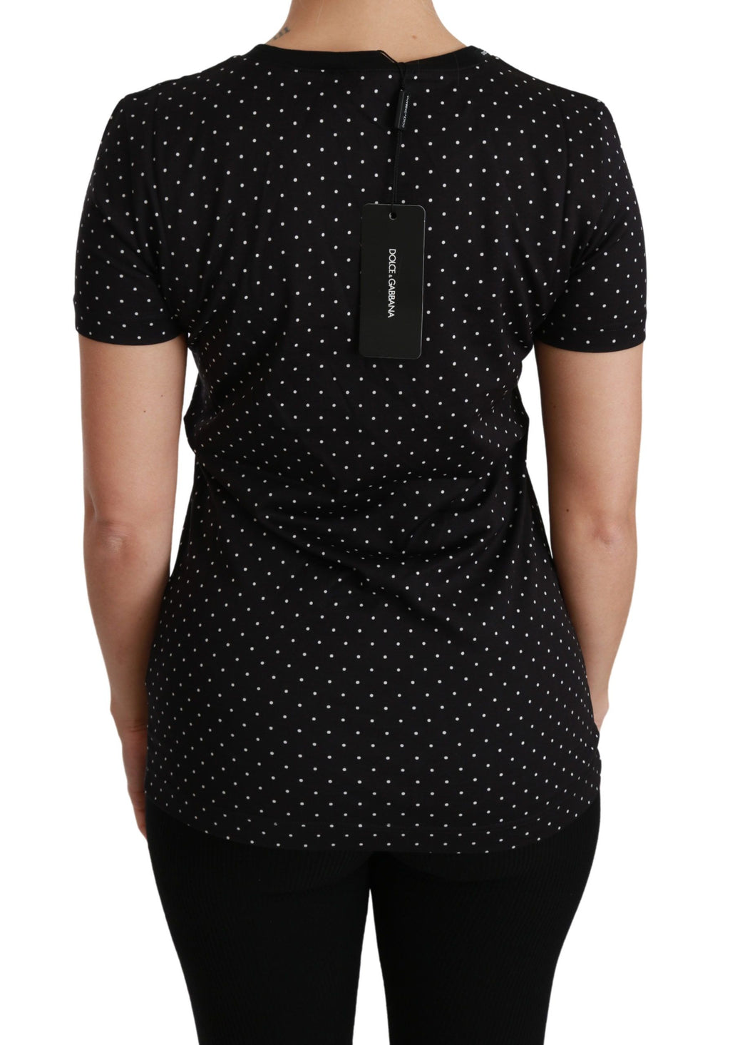 Black Dotted Crewneck Cotton Top T-shirt