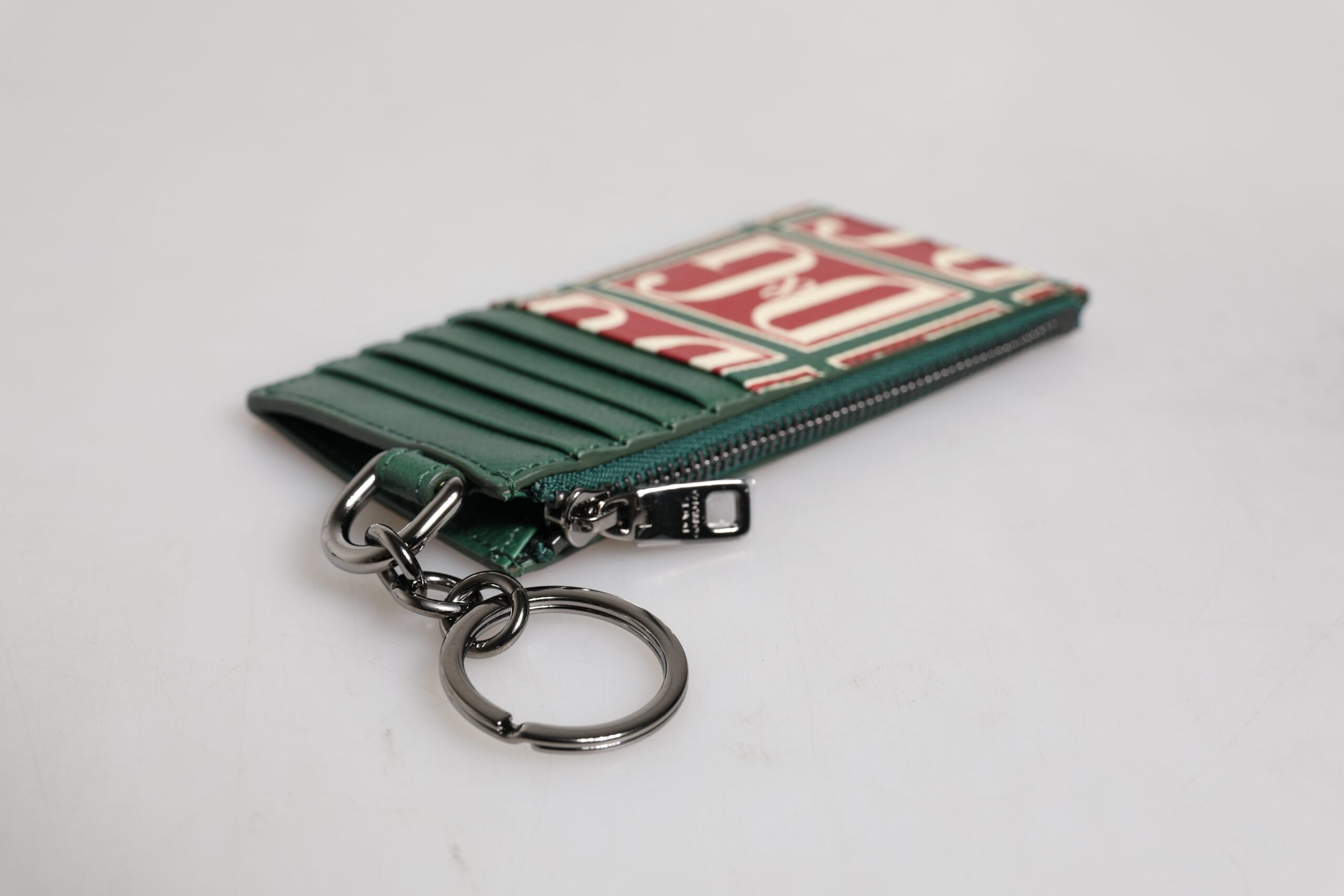 Green Calf Leather Logo Print Monogram Card Holder Wallet